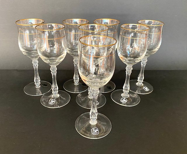 Vintage Romanian Gold Rimmed Etched Small Wine Glasses,goblets