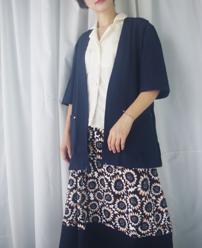 Treasure Hunting - Japanese style collarless dark blue fallen blouse - Women's Casual & Functional Jackets - Polyester Blue