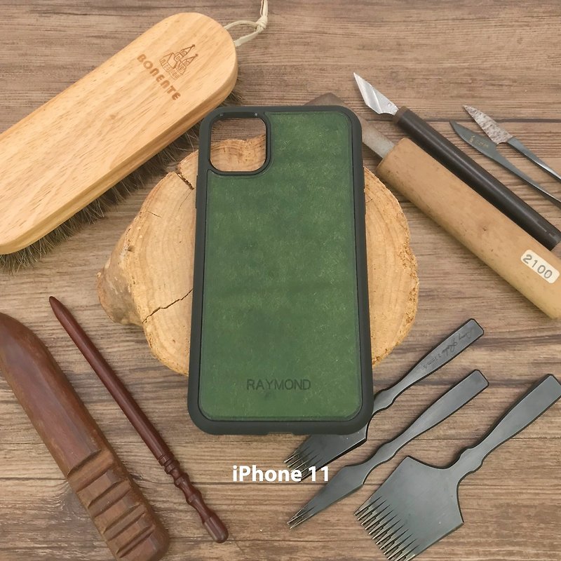 [IPhone11 series mobile phone case] green matte leather | Hong Kong hand-stitched leather goods - Phone Cases - Genuine Leather Green