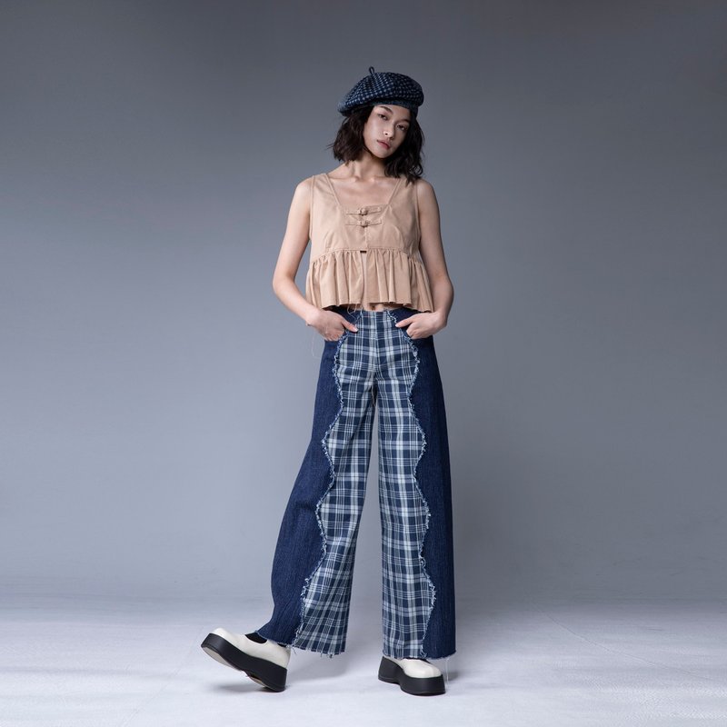 Aman No.80 陰陽海牛仔寬褲 限量格紋款 - 女長褲 - 其他材質 