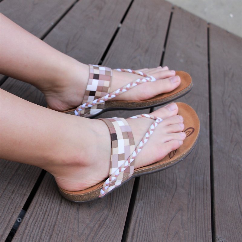 【Woven Flip Flop  Mosaic】Lycra woven flip flop/ Leather insole - รองเท้ารัดส้น - หนังแท้ สีนำ้ตาล