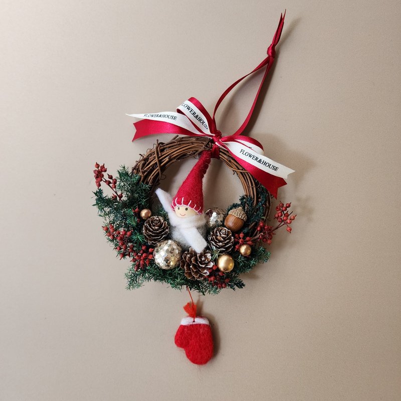 Xmas | Everlasting Cedar | Dry Wreath S Small Red Hat Doll Christmas Wreath Exchange Gift - Dried Flowers & Bouquets - Plants & Flowers Green