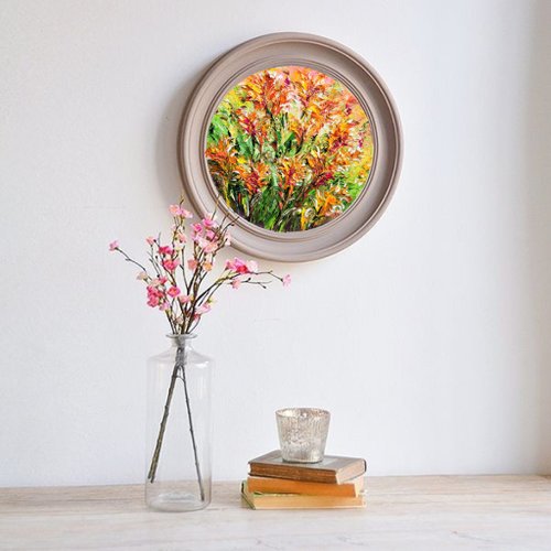 サルビア絵画花オリジナルアート花油絵直径18cm/7インチ