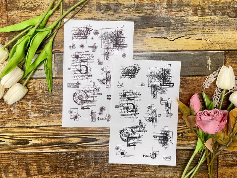(MATTE CLEAR STICKER) vintage line stamp 2 types, 3pcs SET - 貼紙 - 防水材質 多色