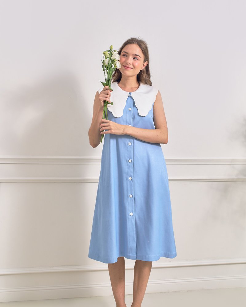 BIRUCHU CLOUDY DRESS - Blue sleeveless dress with white collar design - One Piece Dresses - Silk Blue