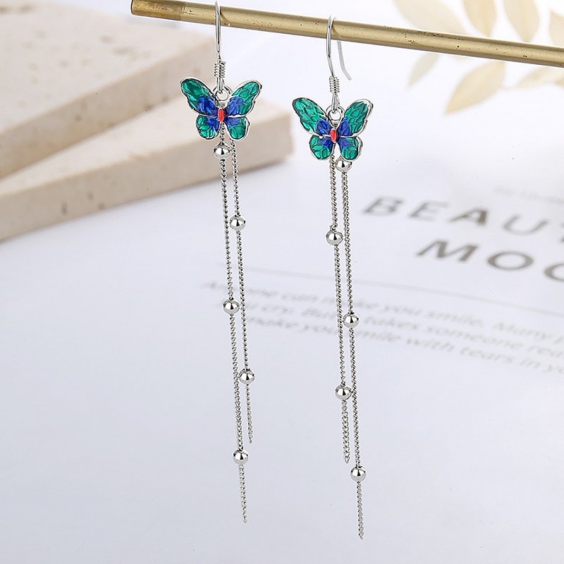 【S925純銀】民族風滴膠景泰藍靈動蝴蝶流蘇長款耳環 - 耳環/耳夾/耳骨夾 - 銀 