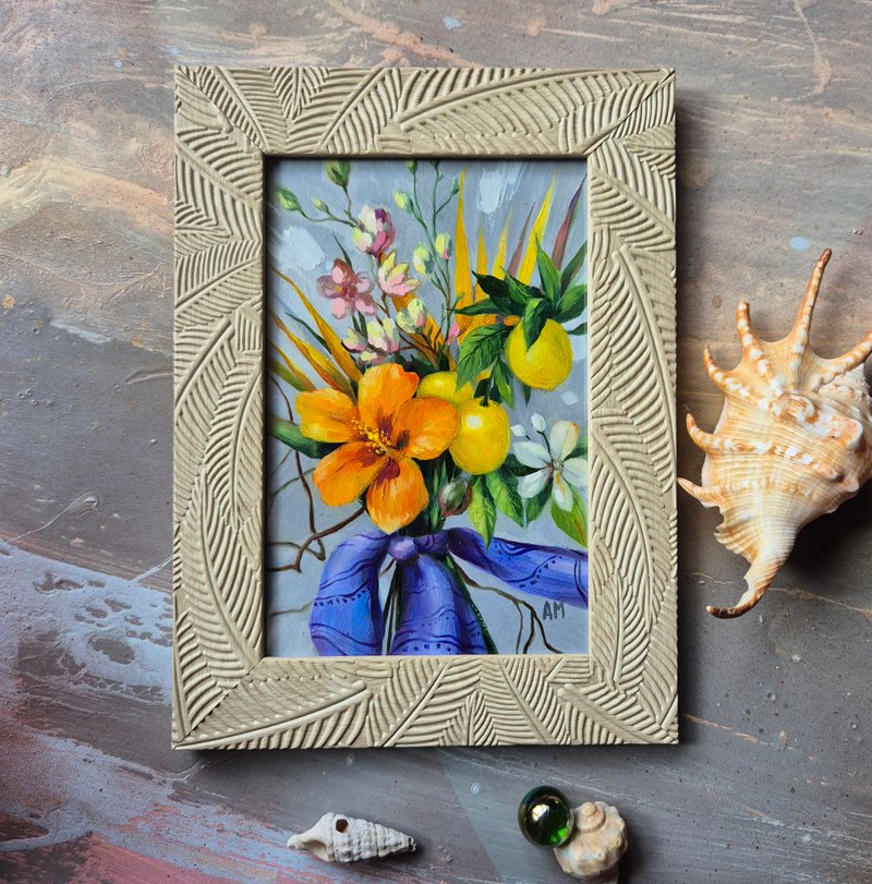 Small original cute bouquet of artwork hand painted oil painting framed _012 - 壁貼/牆壁裝飾 - 紙 多色