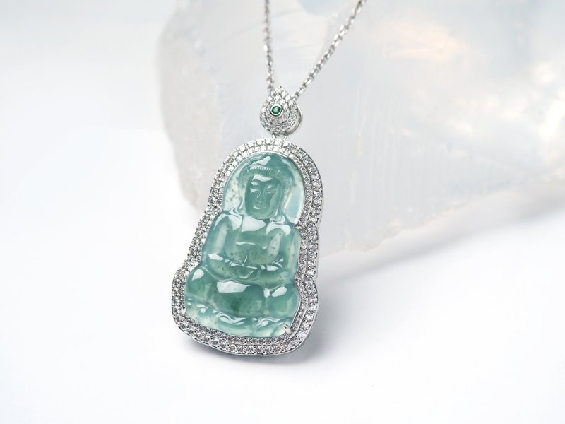 Kind Thoughts | Ice-glutinous Teal jadeite Guanyin | Natural grade A jadeite necklace - Necklaces - Jade Green