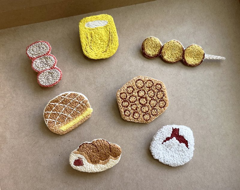 Hong Kong Snack Embroidery Badge / Brooch Childhood Memories Series - เข็มกลัด - งานปัก สีนำ้ตาล