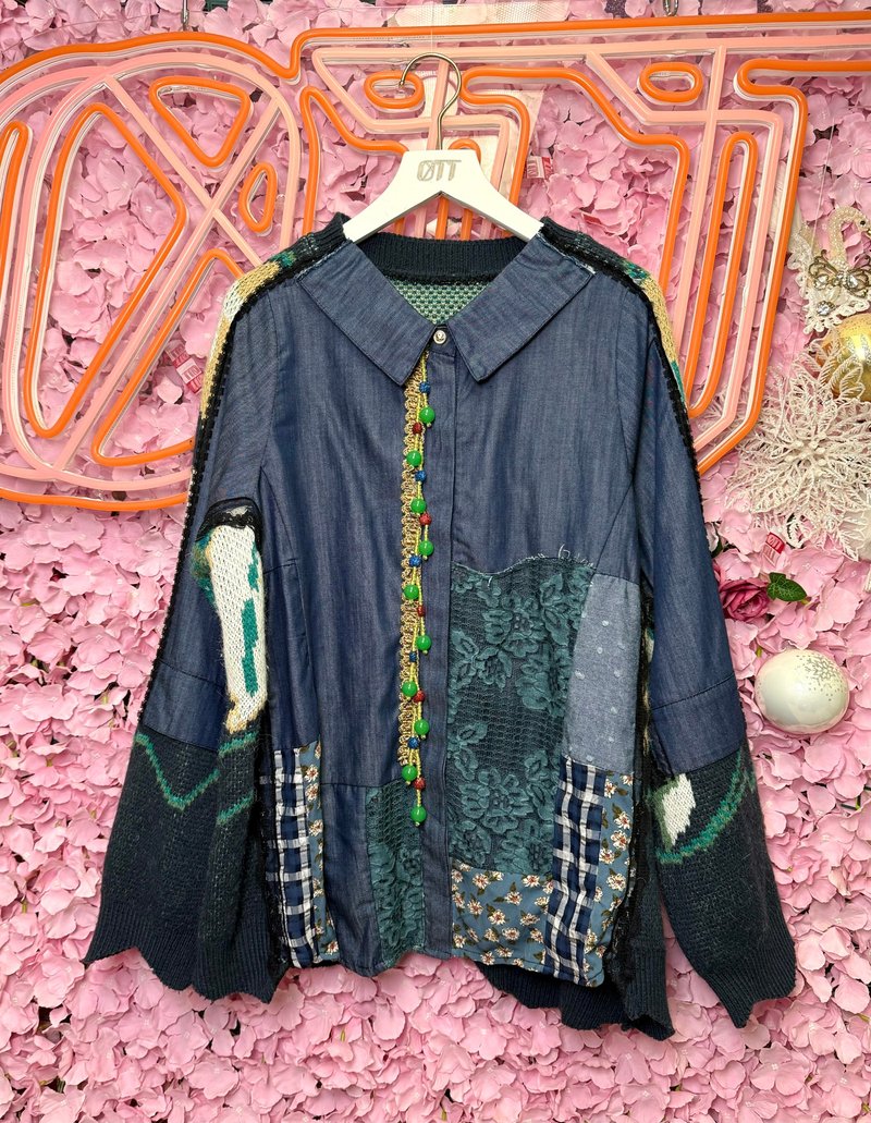 OTT•Unique•Chinese and Japanese faux two piece woven denim shirt sweater long top - สเวตเตอร์ผู้หญิง - ขนแกะ หลากหลายสี