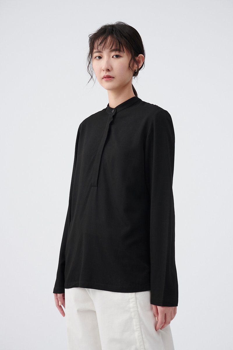 柔棉圓領簡約黑襯衫 - 女裝 上衣 - 聚酯纖維 黑色