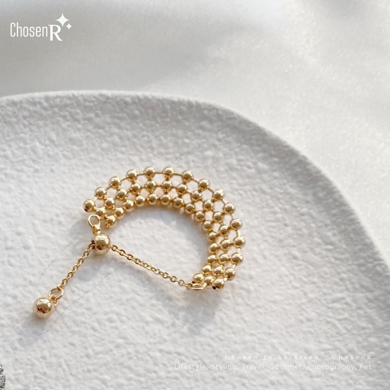 Three layers of gold peas chain ring / soft ring adjustable size - แหวนทั่วไป - ทองแดงทองเหลือง สีทอง