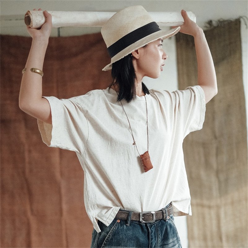 White 3-color linen cotton plant dyed top versatile casual short-sleeved T-shirt - เสื้อยืดผู้หญิง - ผ้าฝ้าย/ผ้าลินิน ขาว