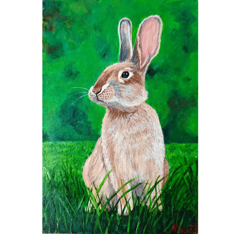 逼真的兔子肖像  翠綠色背景  動物繪畫  作者  RinaArtSK - 牆貼/牆身裝飾 - 其他材質 多色