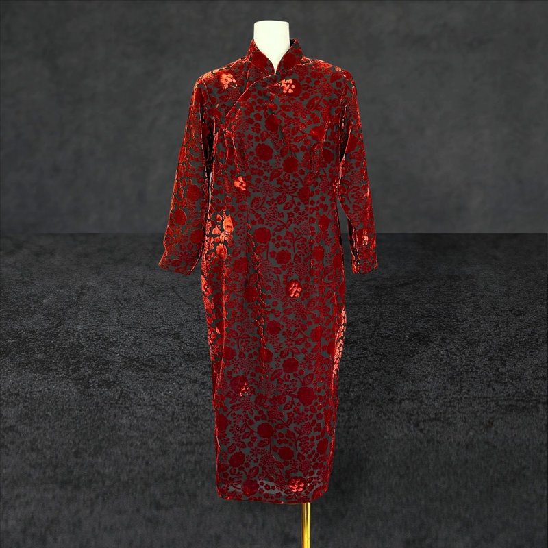 二手 黑橘紅配色 織紋絨 古董訂製 長袖 旗袍 PF721 - 洋裝/連身裙 - 聚酯纖維 紅色