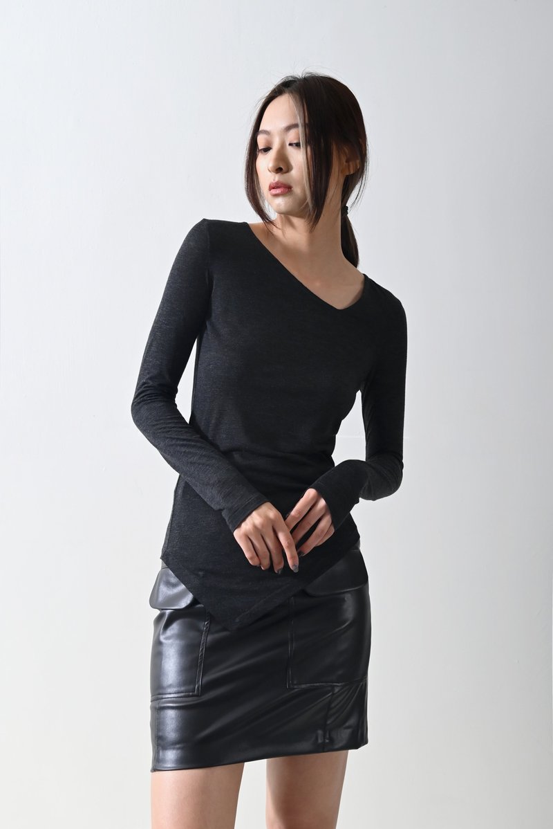 Shan Yong Y-neck angled tight long-sleeved top (two colors) - เสื้อผู้หญิง - ผ้าฝ้าย/ผ้าลินิน 