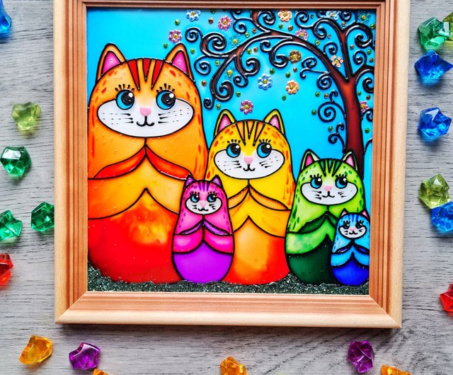 虹猫オリジナルステンドグラス絵画猫家族マトリョーシカ壁掛け