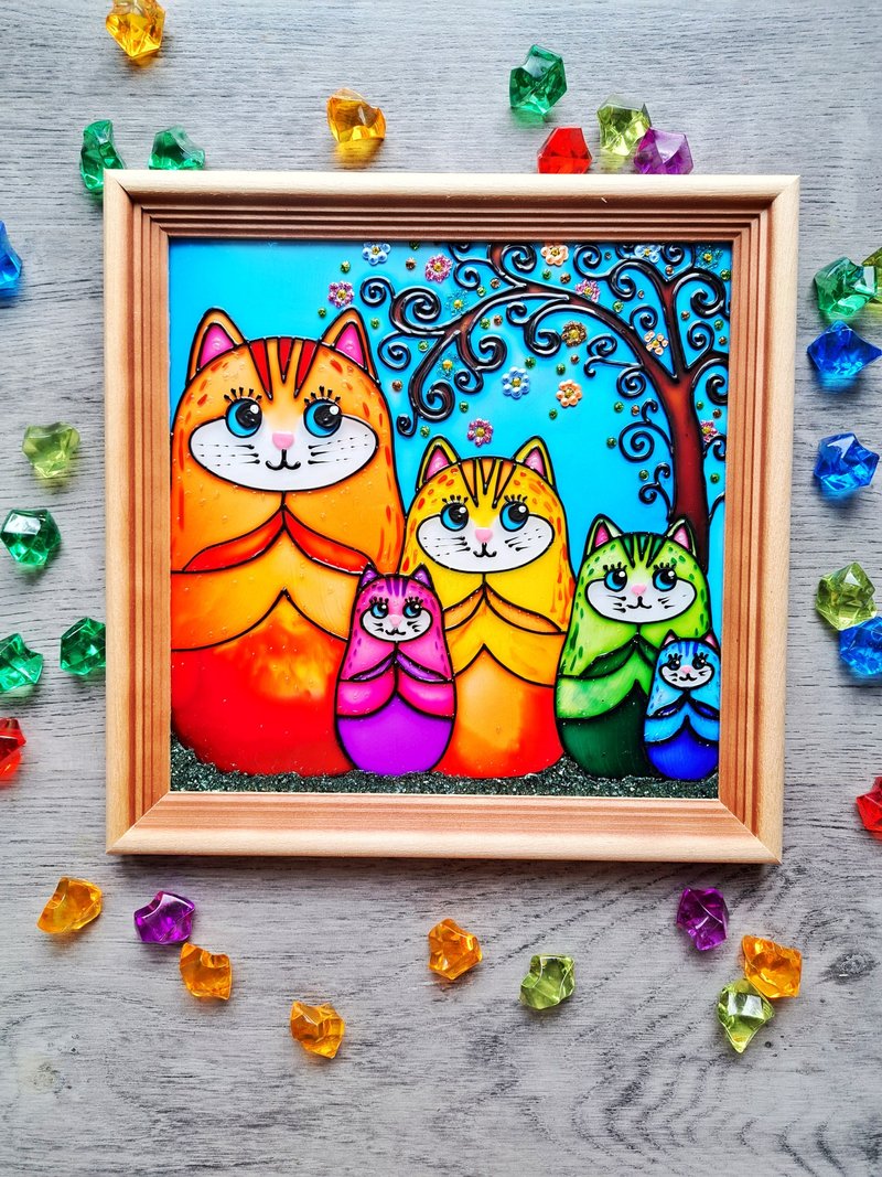 彩虹猫原彩色玻璃画猫家庭马特里奥什卡墙挂 - 壁貼/牆壁裝飾 - 玻璃 多色