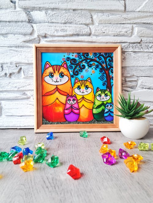 虹猫オリジナルステンドグラス絵画猫家族マトリョーシカ壁掛け
