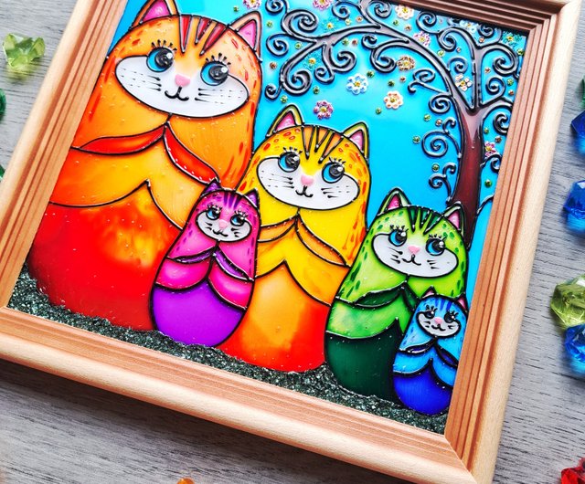 虹猫オリジナルステンドグラス絵画猫家族マトリョーシカ壁掛け