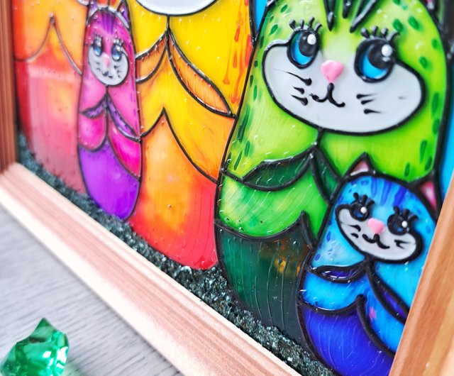 虹猫オリジナルステンドグラス絵画猫家族マトリョーシカ壁掛け