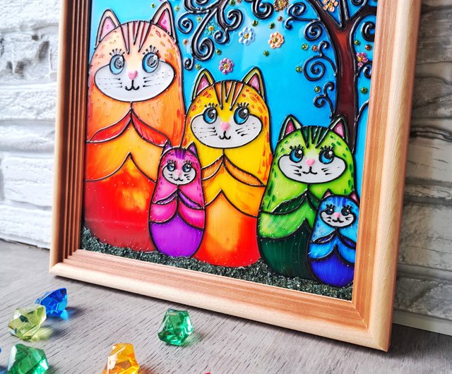 虹猫オリジナルステンドグラス絵画猫家族マトリョーシカ壁掛け