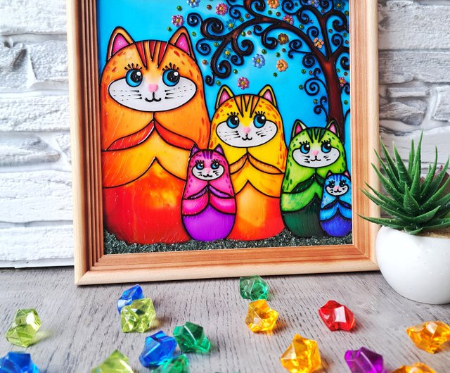 虹猫オリジナルステンドグラス絵画猫家族マトリョーシカ壁掛け