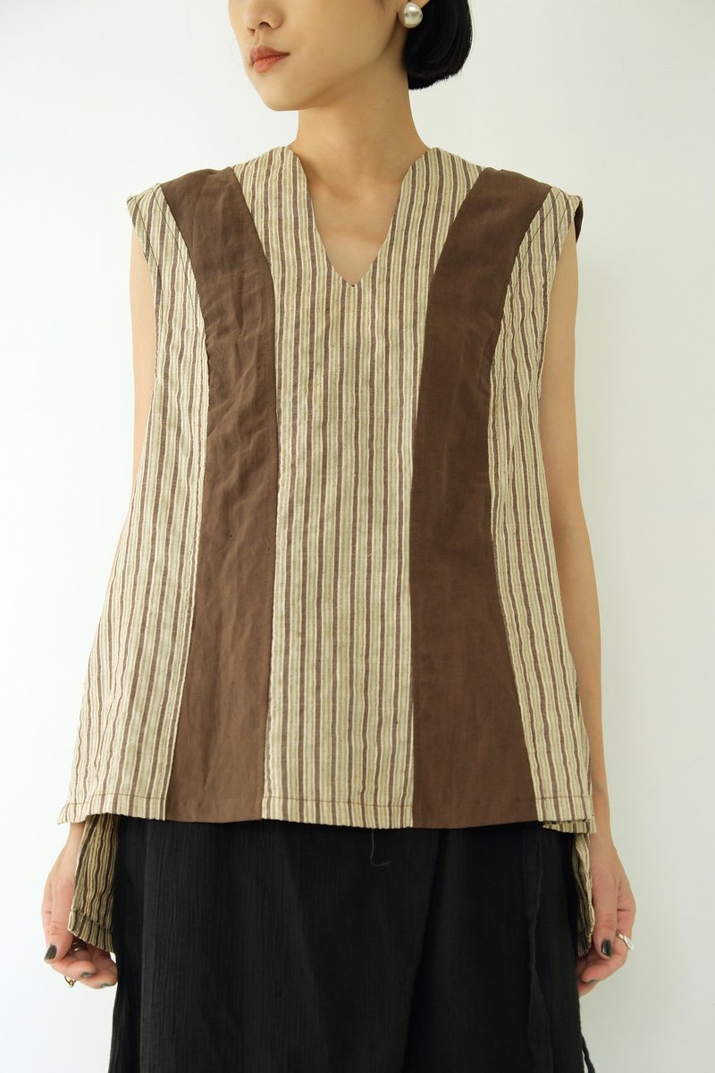 Sichuan clothing WEAR BEING silk patchwork vest coffee/stripe - เสื้อกั๊กผู้หญิง - ผ้าไหม สีนำ้ตาล