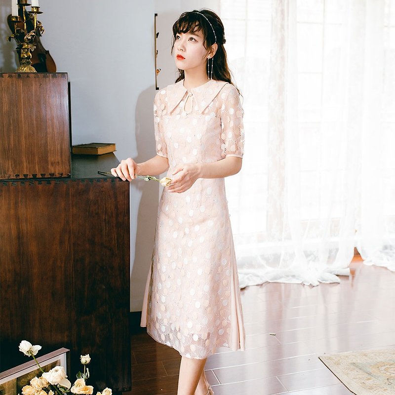 【薄款】安妮陳2019女夏季穿搭蕾絲拼接連身裙洋裝9201 - 連身裙 - 其他材質 卡其色