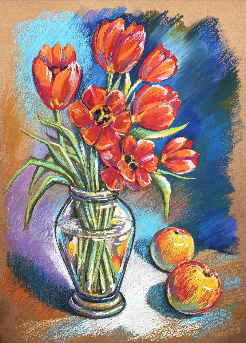 Bouquet red tulips oil pastel drawing panting still life Bouquet of spring art - 壁貼/牆壁裝飾 - 紙 多色