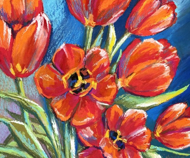 赤いチューリップの花束 オイルパステル画 静物画 春の芸術の花束