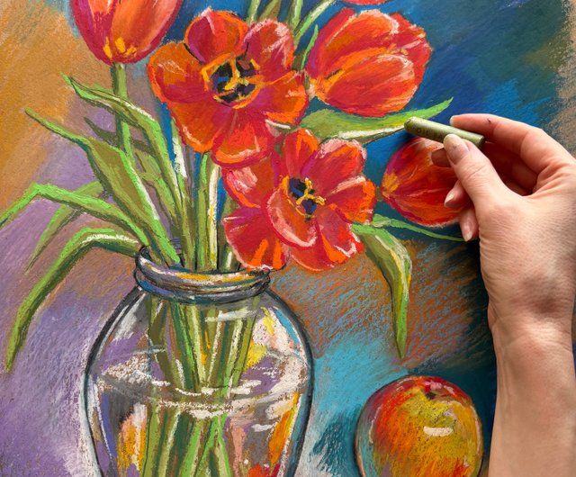 赤いチューリップの花束 オイルパステル画 静物画 春の芸術の花束