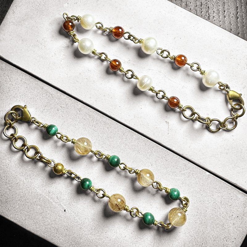 Multi Gemstone antique Bronze bead chain - สร้อยข้อมือ - เครื่องประดับพลอย 