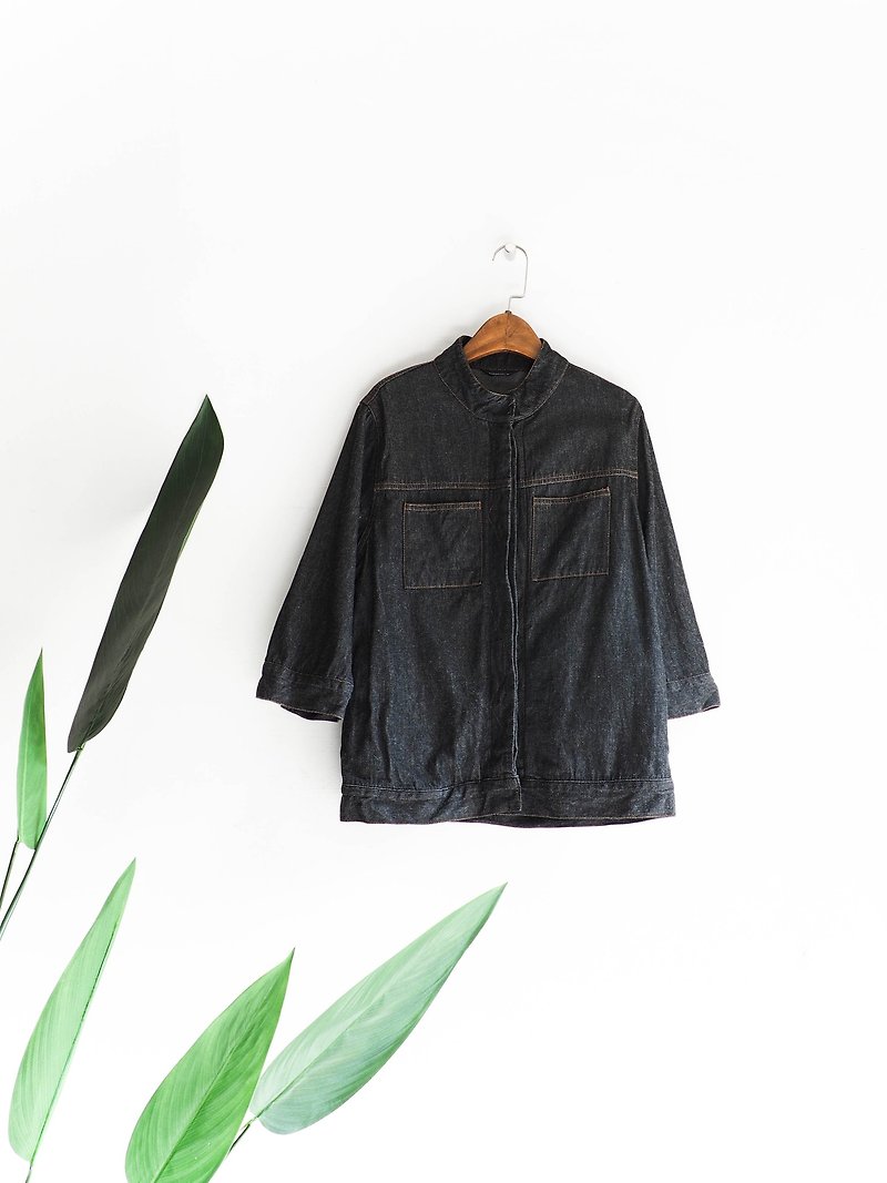 河水山 - Kanagawa pure black small collar work antique cotton denim shirt jacket - Women's Shirts - Cotton & Hemp Black