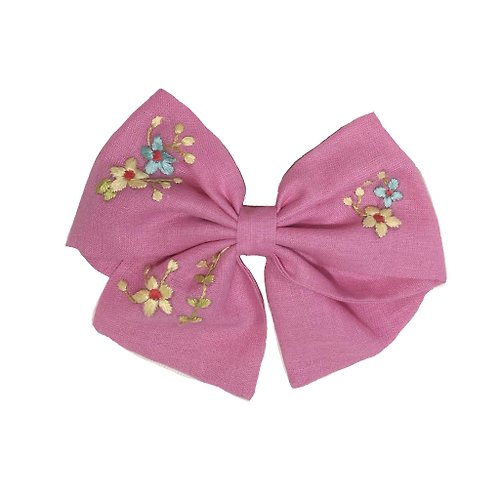 gailstudio hand embroidered hair bow pink Linen pattern design flower lover