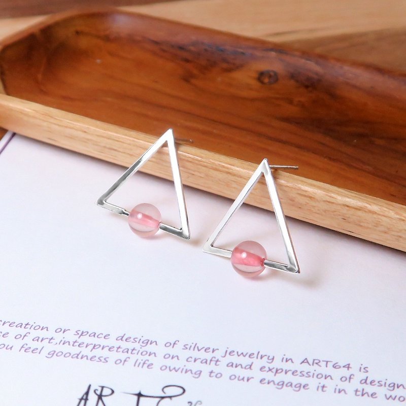 Powder Crystal Triangle Ear Studs - 925 Sterling Silver Natural Stone Earrings - ต่างหู - เงินแท้ สีเงิน