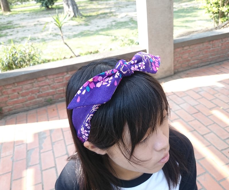 紫底櫻花 法國式 綁帶型鬆緊髮帶 hairband  *SK* - 髮飾 - 棉．麻 
