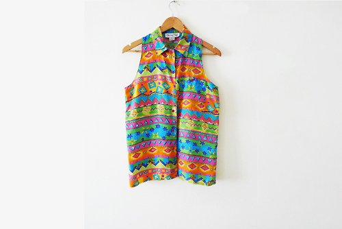 puremorningvintage 90s Oscar De La Renta 100% Silk Colorful Rainbow sleeveless summer collar top