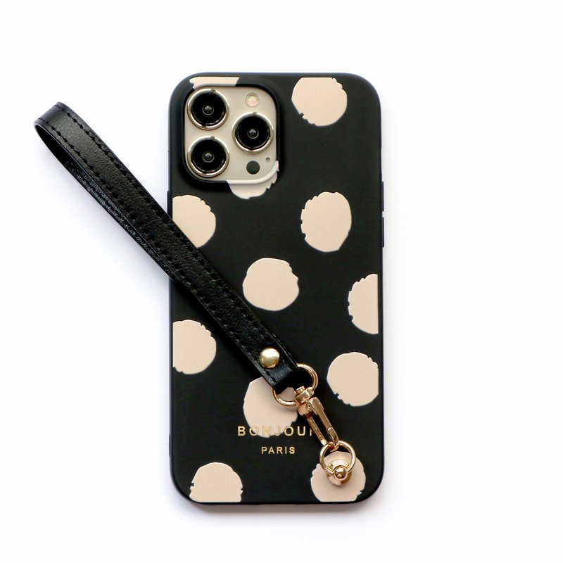 Black Paris Polka Dot Phone Case (With Black Wrist Strap) - เคส/ซองมือถือ - พลาสติก สีดำ
