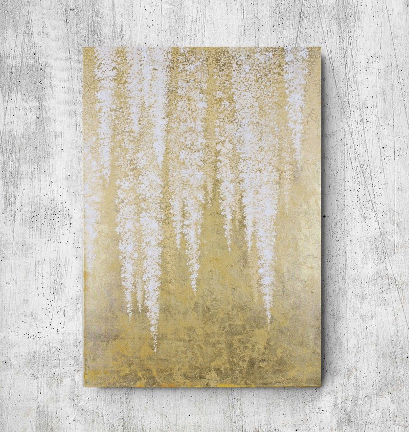 Wisteria Painting | Gold White Gray Painting | Gold Wisteria | White Wisteria 2 - 壁貼/牆壁裝飾 - 棉．麻 金色