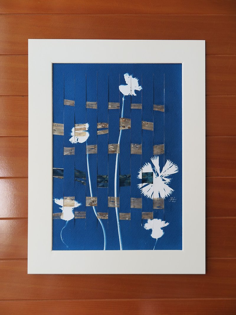 植物のシルエット。手作りのブルー織フレーム絵画 - ウォールデコ・壁紙 - 紙 ブルー