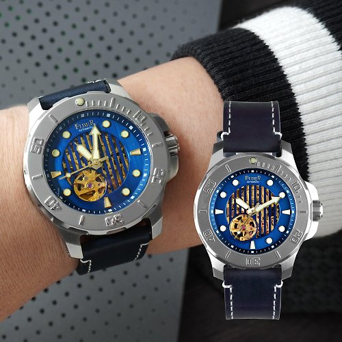 米朵貝菈．時光的禮物 FIBER【海洋潛將系列】機械潛水錶 直紋鏤空藍