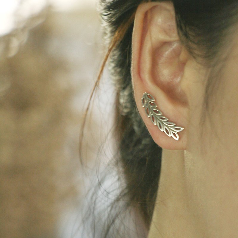 Long Leaf Earrings Sterling Silver olive Branches Ear Climber Cuff Sweep Handmad - 耳環/耳夾 - 純銀 銀色