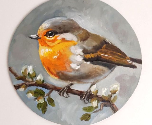 ロビン　油絵 ロビン絵画アートワークオリジナル油絵鳥ポートレート - ショップ