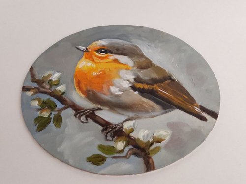 ロビン　油絵 ロビン絵画アートワークオリジナル油絵鳥ポートレート - ショップ