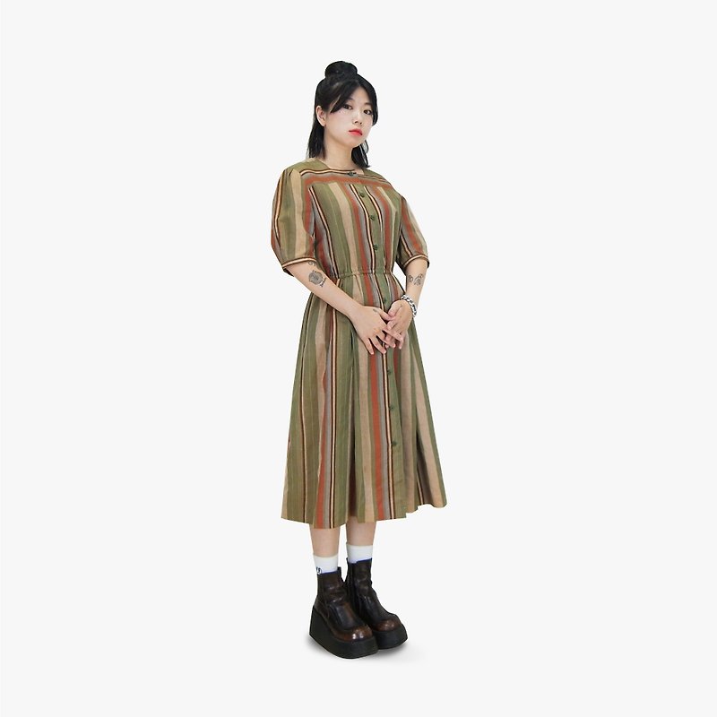 A‧PRANK: DOLLY :: retro VINTAGE gray green color of cotton and linen five-point sleeve ancient dress (D709008) - One Piece Dresses - Cotton & Hemp 