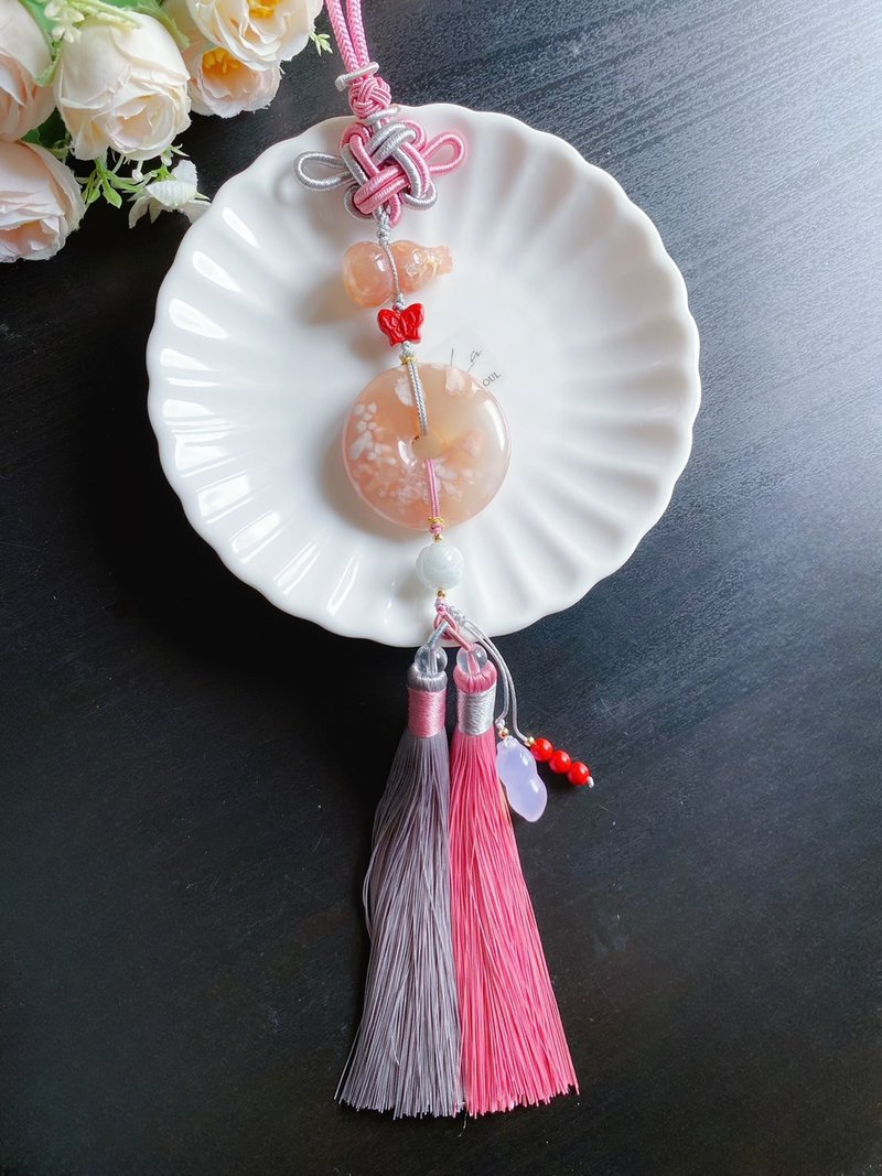 【售出】天然 櫻花瑪瑙 大平安扣 翡翠 葫蘆 花生 硃砂 禮物 車掛 - 手機掛繩/背帶 - 水晶 粉紅色