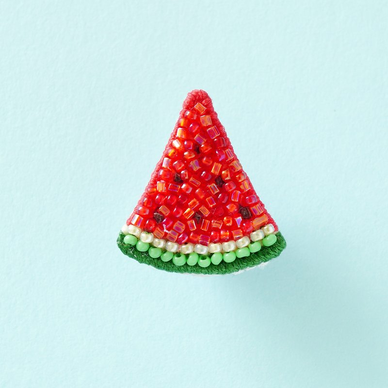 Watermelon pin badge Beaded embroidery brooch Watermelon - เข็มกลัด - วัสดุอื่นๆ สีแดง