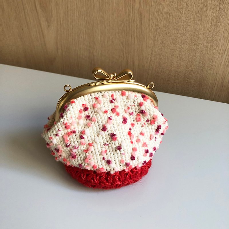 手工編織口金包-粉紅莓果零錢包 - 散紙包 - 棉．麻 粉紅色