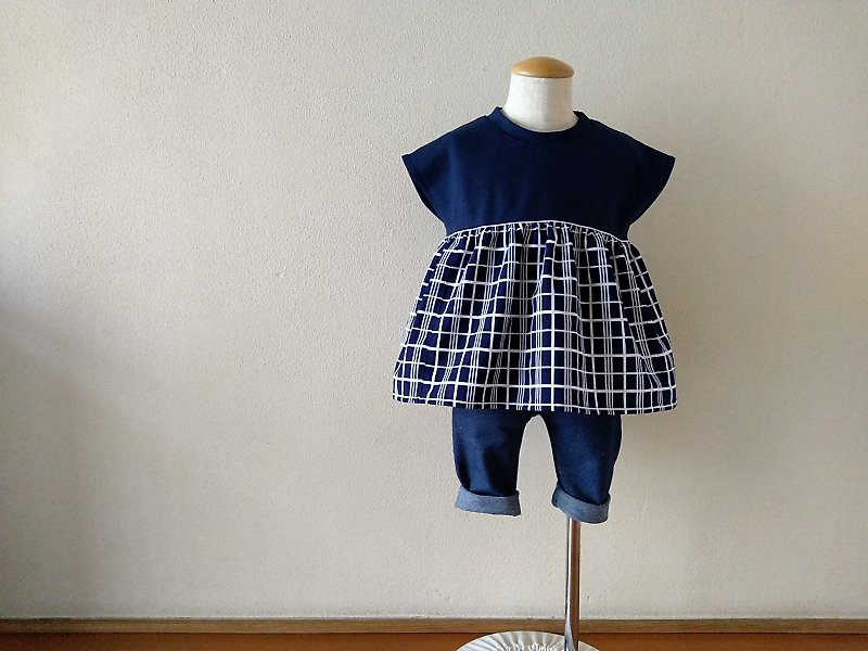 Children's Yukata Docking Tunic French Sleeve Navy Blue x Navy White Lattice 90-130 Size / Made to Order - Skirts - Cotton & Hemp Blue